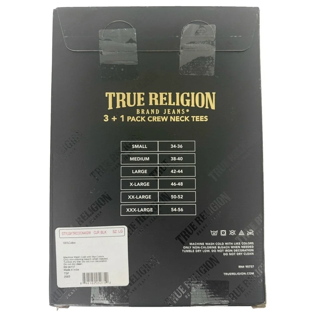 True Religion Men's Black Crew Neck Tee Shirts 4 Pack Size Large New
